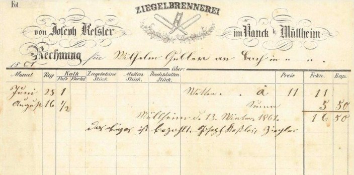 Rechnung, Kessler, Ziegelbrennerei, 1861